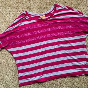 Pink & Gray Stripes with Lace 3/4 Shirt